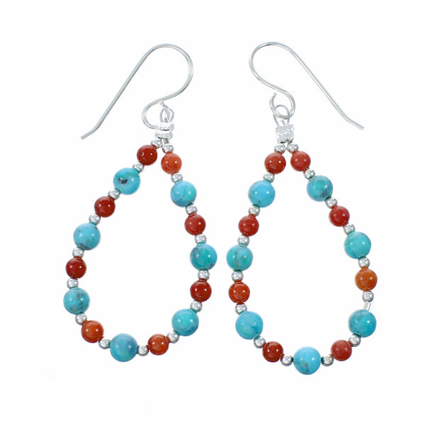 Genuine Turquoise And Coral Sterling Silver Hook Dangle Earrings SX10681