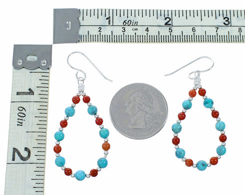 Genuine Turquoise And Coral Sterling Silver Hook Dangle Earrings SX10681