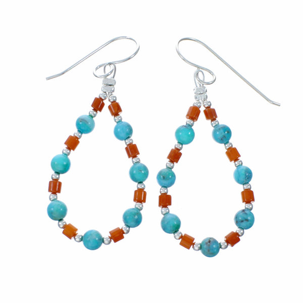 Genuine Turquoise And Coral Sterling Silver Hook Dangle Earrings SX10682