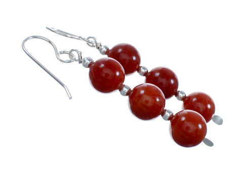 Sterling Silver Navajo Coral Bead Hook Dangle Earrings SX10677