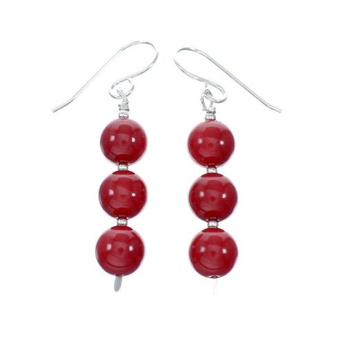 Sterling Silver Navajo Coral Bead Hook Dangle Earrings SX10678