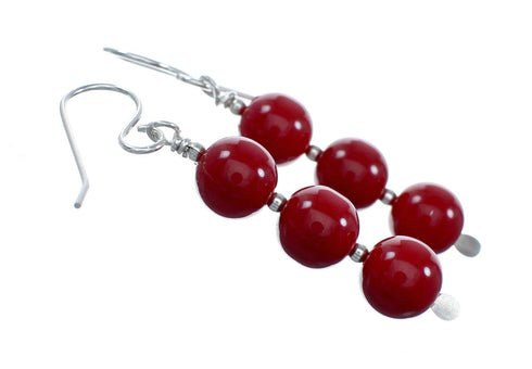 Sterling Silver Navajo Coral Bead Hook Dangle Earrings SX10678