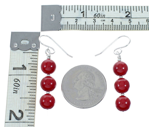 Sterling Silver Navajo Coral Bead Hook Dangle Earrings SX10678