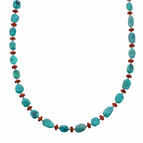 Turquoise And Coral Navajo Sterling Silver Bead Necklace SX10696