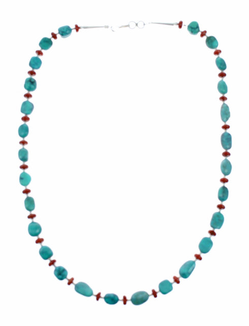 Turquoise And Coral Navajo Sterling Silver Bead Necklace SX10696