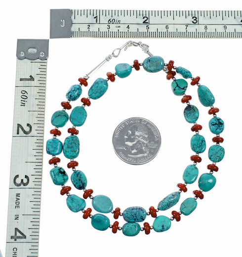 Turquoise And Coral Navajo Sterling Silver Bead Necklace SX10696