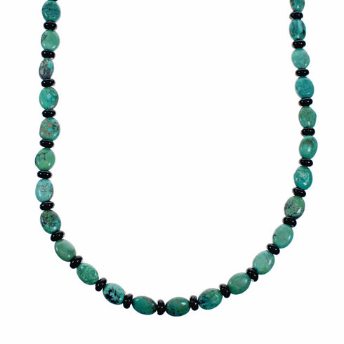 Turquoise And Onyx Bead Sterling Silver Native American Necklace SX10692