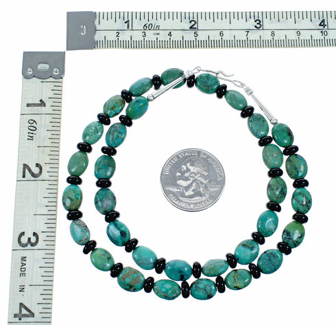 Turquoise And Onyx Bead Sterling Silver Native American Necklace SX10692