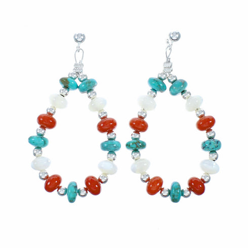 Genuine Turquoise And Coral Sterling Silver Post Dangle Earrings SX10768