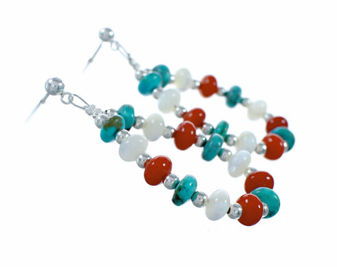 Genuine Turquoise And Coral Sterling Silver Post Dangle Earrings SX10768
