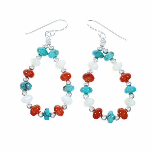 Genuine Turquoise And Coral Sterling Silver Hook Dangle Earrings SX10767