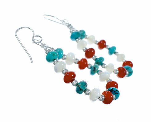 Genuine Turquoise And Coral Sterling Silver Hook Dangle Earrings SX10767