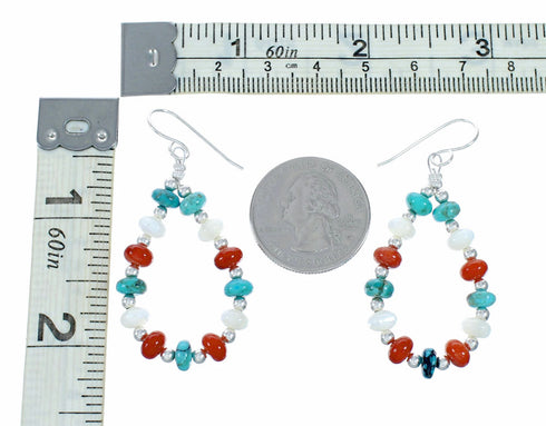 Genuine Turquoise And Coral Sterling Silver Hook Dangle Earrings SX10767
