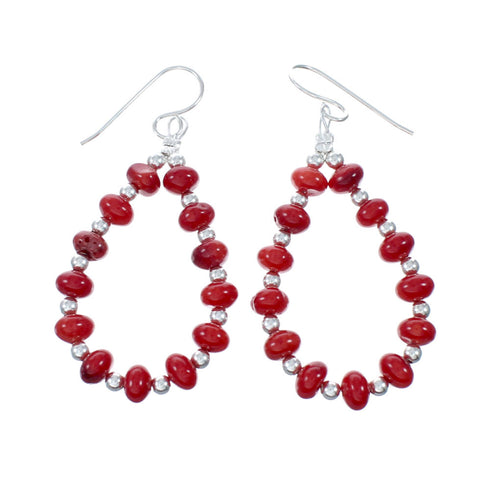 Sterling Silver Navajo Coral Bead Hook Dangle Earrings SX10770