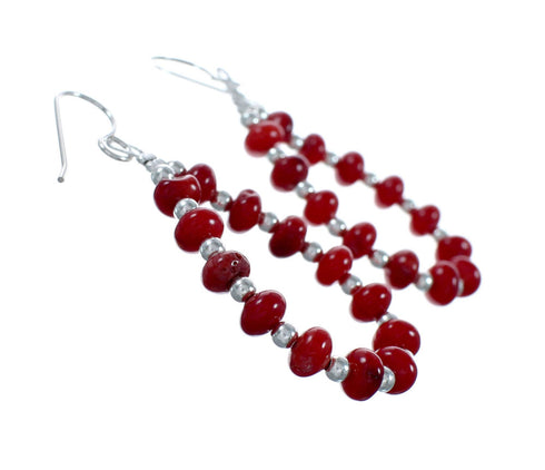 Sterling Silver Navajo Coral Bead Hook Dangle Earrings SX10770