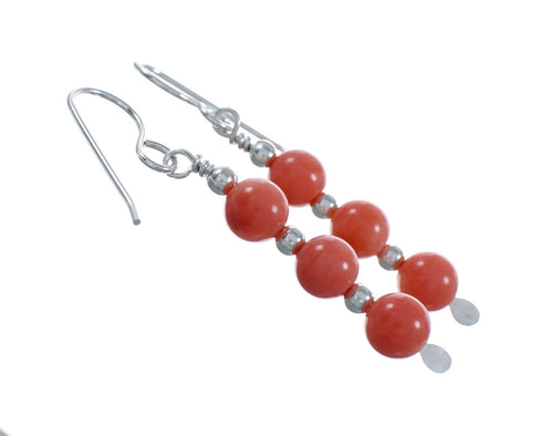 Navajo Pink Coral Sterling Silver Bead Hook Dangle Earrings SX10772