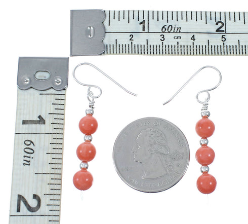 Navajo Pink Coral Sterling Silver Bead Hook Dangle Earrings SX10772