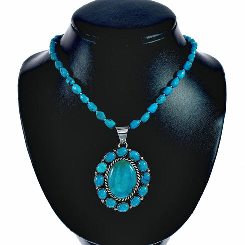 Navajo Turquoise Sterling Silver Necklace Pendant Set SX10745