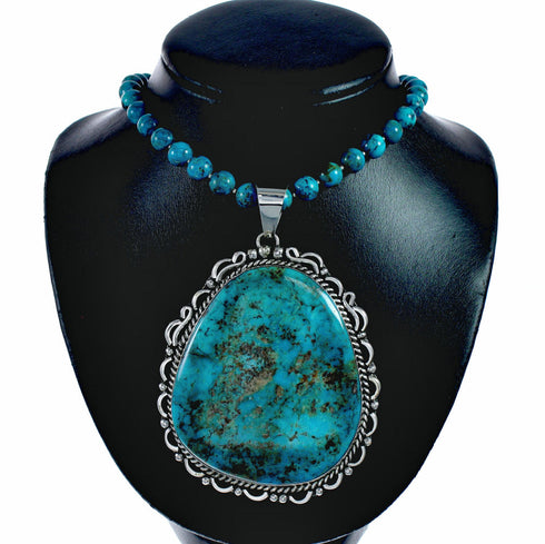 Genuine Navajo Turquoise Sterling Silver Necklace Pendant Set SX10744