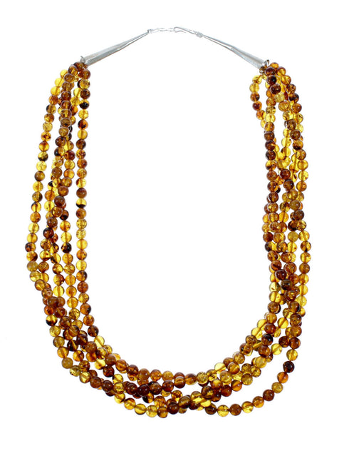 5-Strand Amber Sterling Silver Native American Bead Necklace SX10753