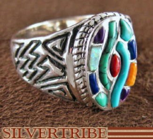 Sterling Silver Jewelry And Multicolor Inlay Ring Size 7-3/4 AS51890