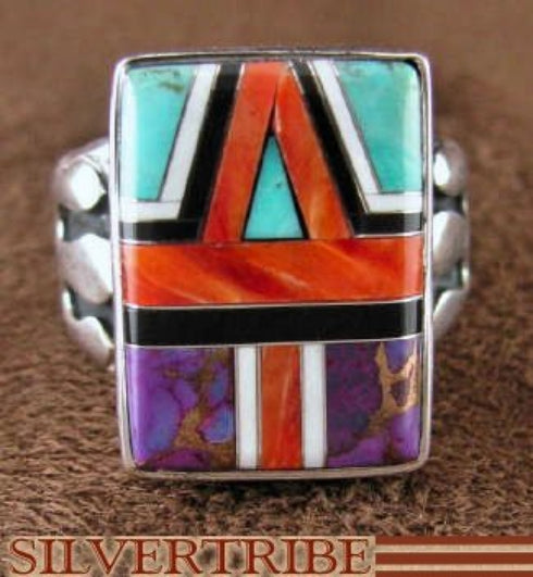 Sterling Silver Turquoise Multicolor Inlay Ring Size 8-1/4 NS35522