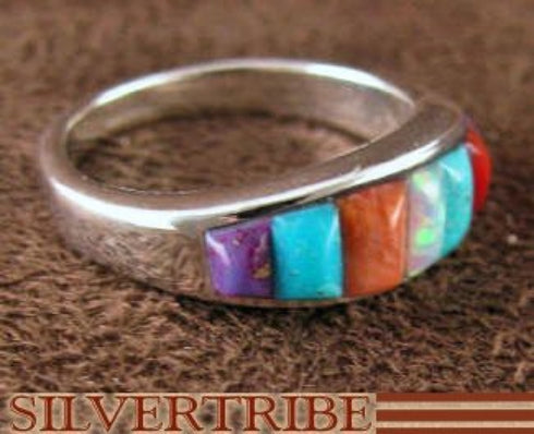 Turquoise Multicolor Inlay Sterling Silver Ring Size 4-3/4 NS36227