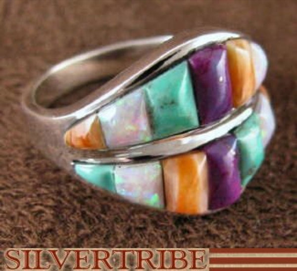 Multicolor Inlay Sterling Silver Ring Size 8-1/4 Jewelry NS36459