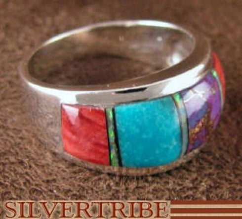 Sterling Silver Turquoise Multicolor Inlay Ring Size 8-1/2 NS36542