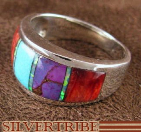 Sterling Silver And Turquoise Multicolor Inlay Ring Size 6-3/4 NS36551