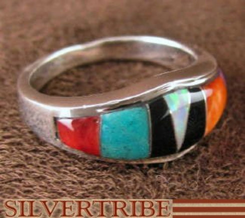 Sterling Silver Turquoise Multicolor Inlay Ring Size 5-3/4 RS37221