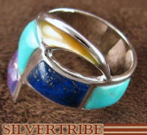 Turquoise And Multicolor Inlay Sterling Silver Ring Size 6-1/4 RS38075