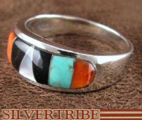 Sterling Silver Turquoise And Multicolor Inlay Ring Size 7-1/2 DS38158