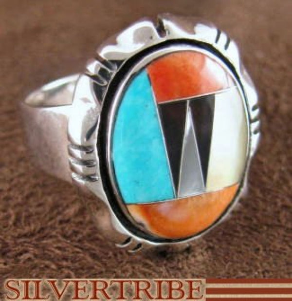 Sterling Silver Turquoise Multicolor Inlay Ring Size 8-1/4 DS38949