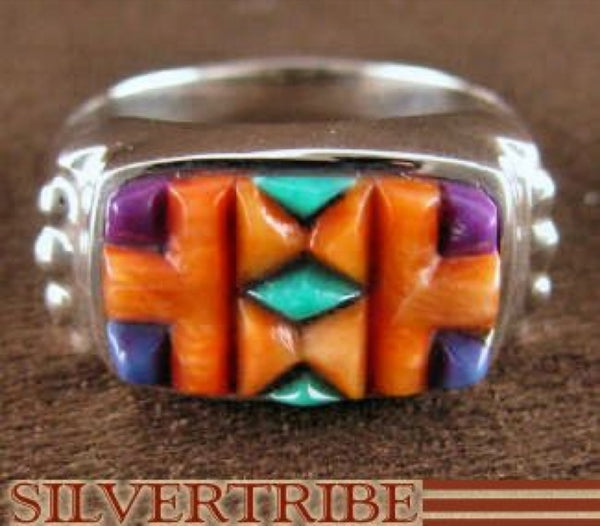 Turquoise And Multicolor Inlay Silver Ring Size 7-3/4 NS38660