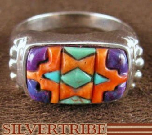Sterling Silver Turquoise Multicolor Inlay Ring Size 6-3/4 NS38663
