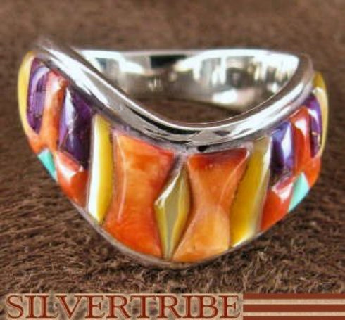 Sterling Silver Turquoise And Multicolor Inlay Ring Size 8-1/4 RS42250