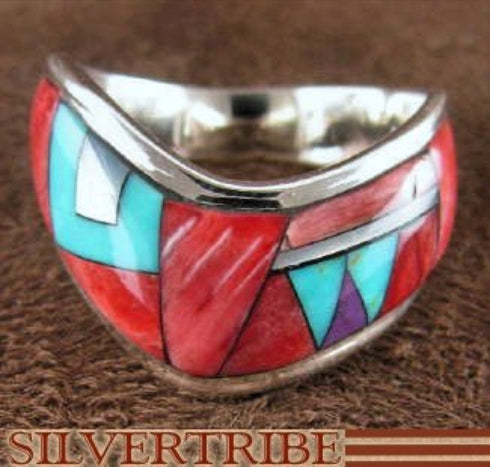 Multicolor Turquoise Inlay Sterling Silver Ring Size 8-1/2 RS42267