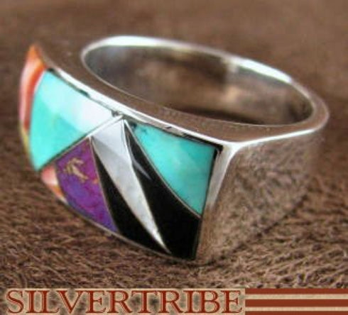 Turquoise And Multicolor Inlay Sterling Silver Ring Size 7-1/2 AS41274