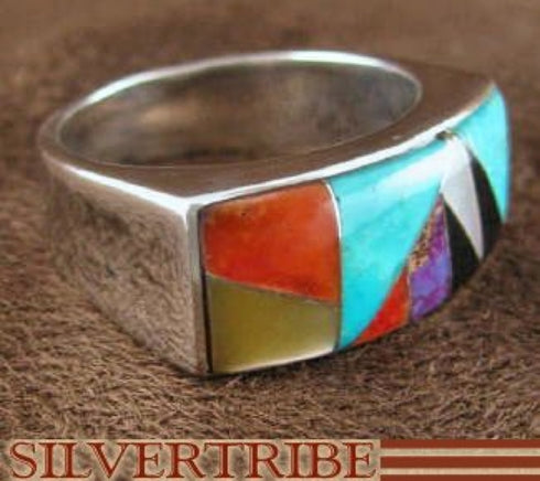 Sterling Silver Multicolor Turquoise Inlay Ring Size 7-1/2 AS41277