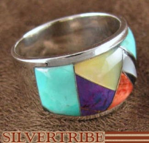 Sterling Silver Multicolor Inlay Ring Size 8-1/4 DS42215