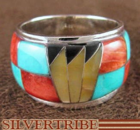 Sterling Silver And Multicolor Inlay Ring Size 6-3/4 DS42347