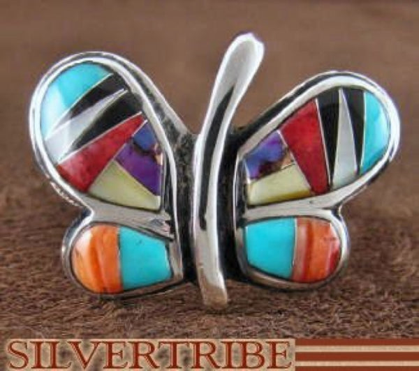 Multicolor Inlay Sterling Silver Butterfly Ring Size 6-3/4 AS42948