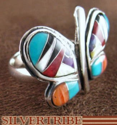 Multicolor Inlay Sterling Silver Butterfly Ring Size 6-3/4 AS42948