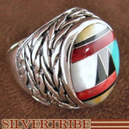 Genuine Sterling Silver And Multicolor Inlay Ring Size 7-1/2 DS43719