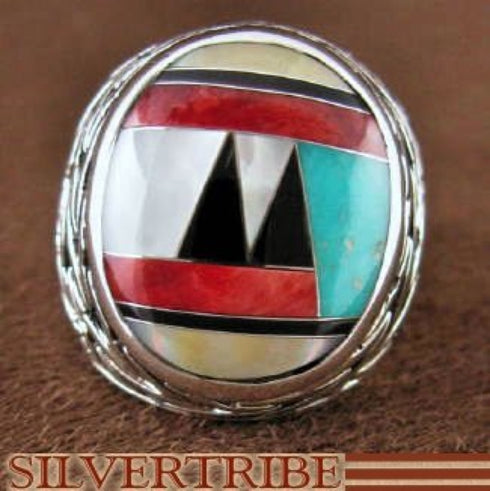 Genuine Sterling Silver And Multicolor Inlay Ring Size 7-1/2 DS43719
