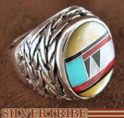 Genuine Sterling Silver And Multicolor Inlay Ring Size 7-1/2 DS43730