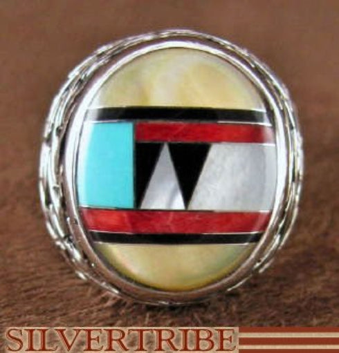 Genuine Sterling Silver And Multicolor Inlay Ring Size 7-1/2 DS43730