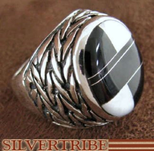 Silver Mother Of Pearl And Black Jade Inlay Ring Size 6-3/4 DS43768