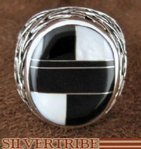 Silver Mother Of Pearl And Black Jade Inlay Ring Size 6-3/4 DS43768